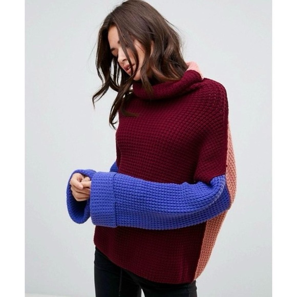 GUC Free People Park City Colorblock Sweater | Reversible Chunky Knit Turtleneck - Picture 2 of 10